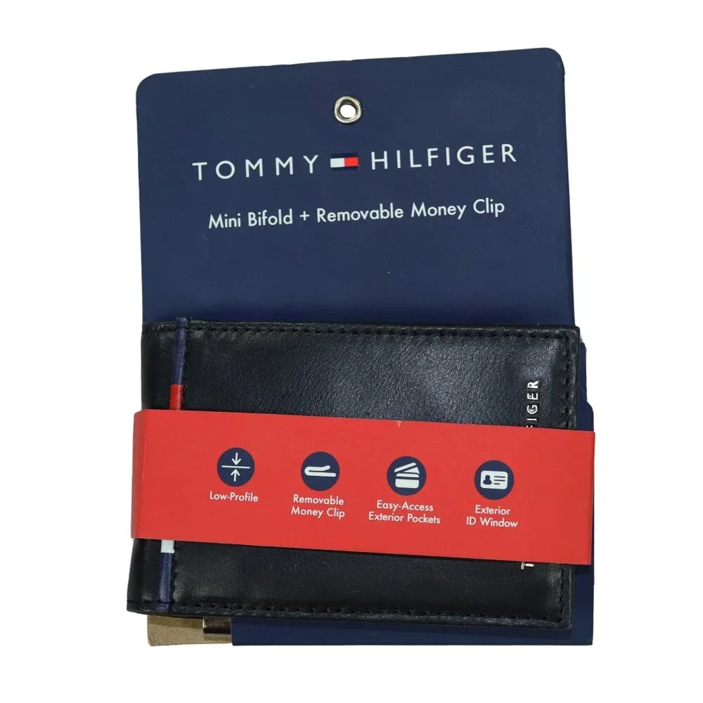 Tommy Hilfiger RFID Blocking Bi-Fold Leather Wallet & Removable Money Clip NWT